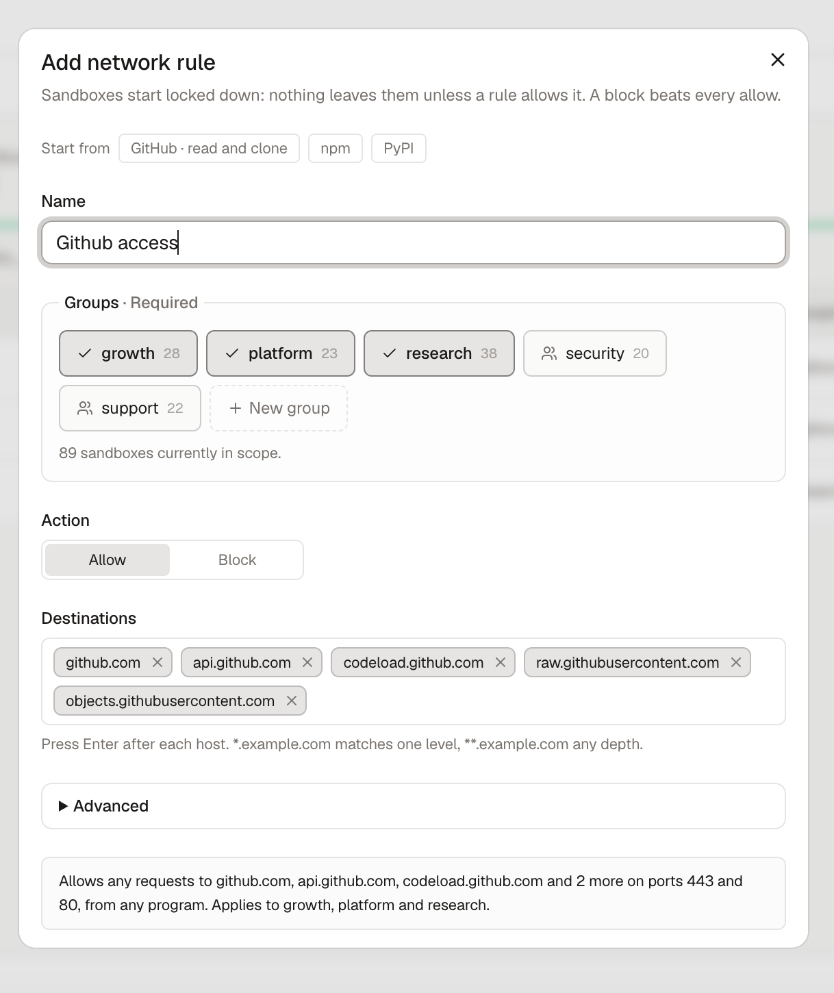 Add network rule with GitHub destinations and selected groups